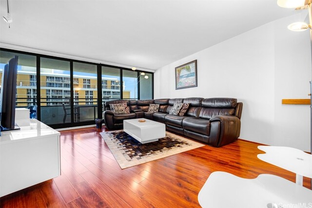 living room featuring wood-type flooring and a wall of windows