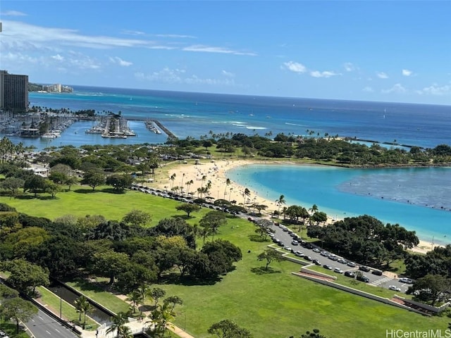 bird's eye view with a water view