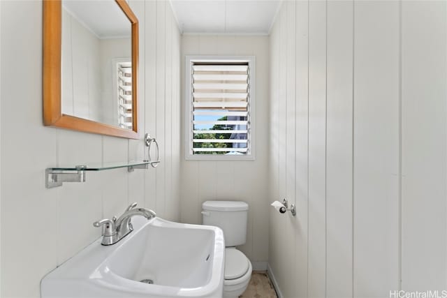 bathroom featuring toilet, wood walls, and sink