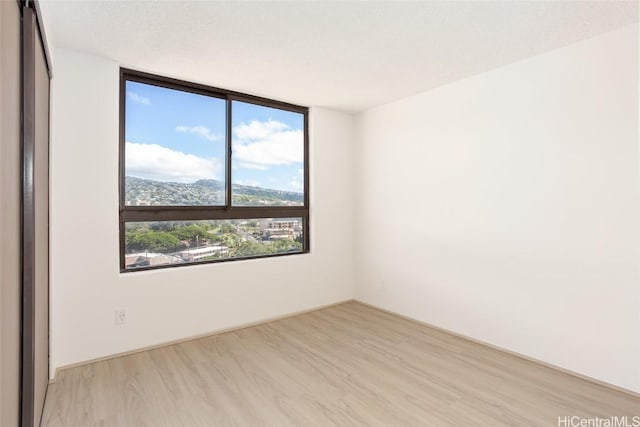 unfurnished room featuring a mountain view, light wood-type flooring, and a textured ceiling