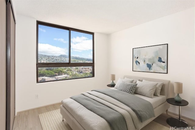 bedroom with a mountain view and light wood-type flooring