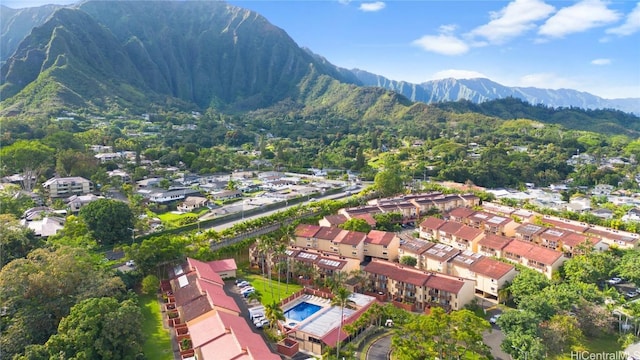 drone / aerial view featuring a mountain view