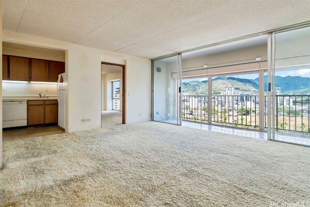 unfurnished living room featuring a mountain view, a textured ceiling, and light colored carpet