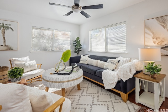 living room with ceiling fan