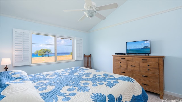 bedroom featuring ornamental molding, light colored carpet, ceiling fan, and lofted ceiling