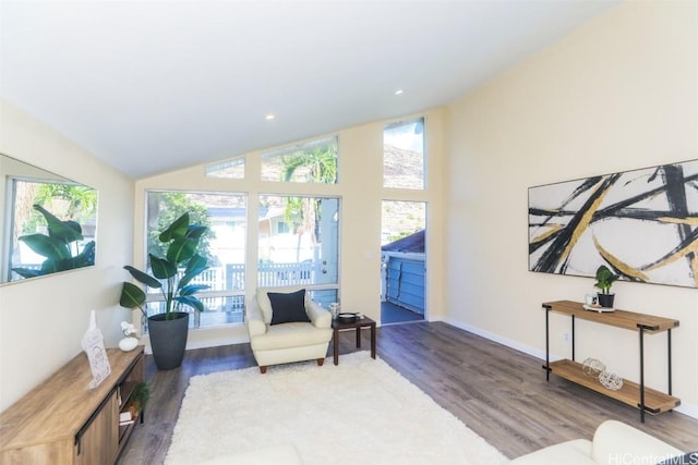 living area with dark wood-type flooring and vaulted ceiling