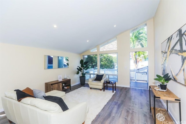 living room with high vaulted ceiling and dark wood-type flooring