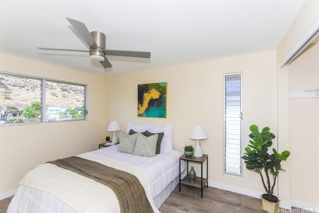 bedroom featuring a closet, ceiling fan, and hardwood / wood-style floors