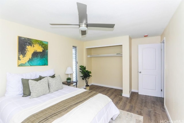 bedroom with ceiling fan, dark hardwood / wood-style flooring, and a closet