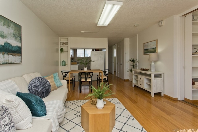 living room with light hardwood / wood-style flooring and a textured ceiling