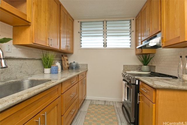 kitchen featuring light stone countertops, backsplash, sink, light hardwood / wood-style floors, and stainless steel electric range