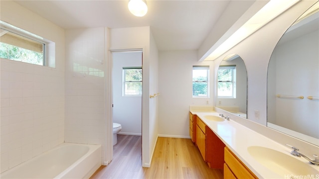 bathroom featuring wood-type flooring, toilet, and plenty of natural light