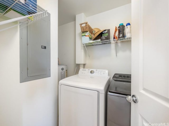 washroom with electric panel and washing machine and clothes dryer