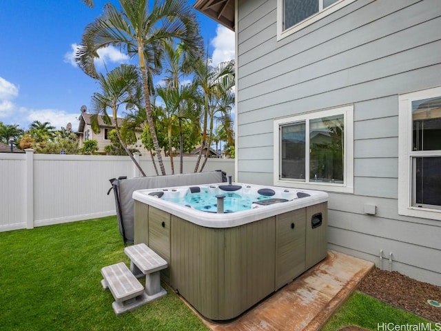 view of patio / terrace featuring a hot tub