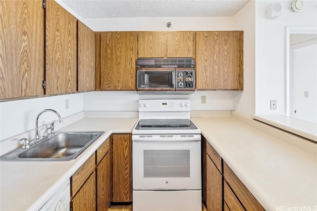 kitchen with a textured ceiling, white appliances, and sink