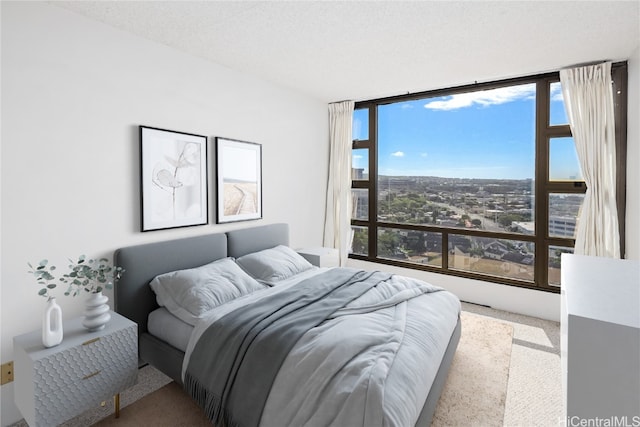 bedroom featuring carpet floors, a textured ceiling, and multiple windows