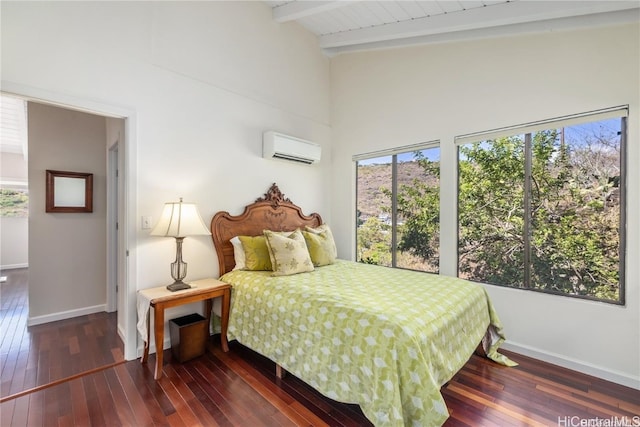 bedroom featuring a wall unit AC, vaulted ceiling with beams, and dark wood-type flooring