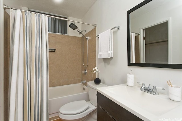 full bathroom with vanity, toilet, and shower / bathtub combination with curtain