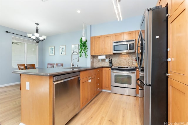 kitchen featuring sink, kitchen peninsula, stainless steel appliances, and light wood-type flooring