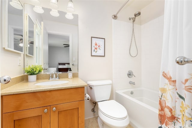 full bathroom featuring ceiling fan, toilet, shower / bathtub combination with curtain, and vanity