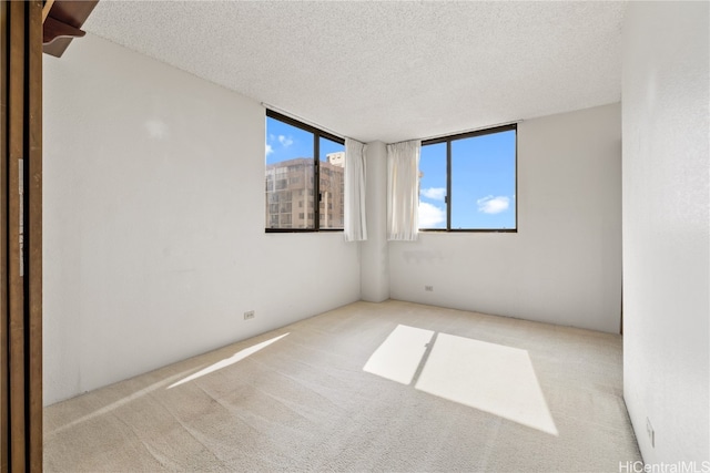 empty room with a textured ceiling and light colored carpet