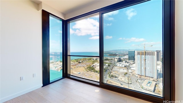 spare room with light hardwood / wood-style flooring and a water view