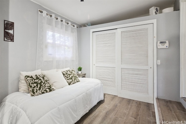 bedroom featuring hardwood / wood-style flooring and a closet