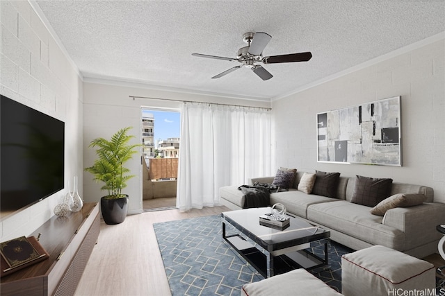 living room with hardwood / wood-style floors, a textured ceiling, ceiling fan, and ornamental molding