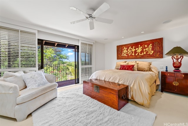 bedroom featuring access to outside, ceiling fan, and light colored carpet