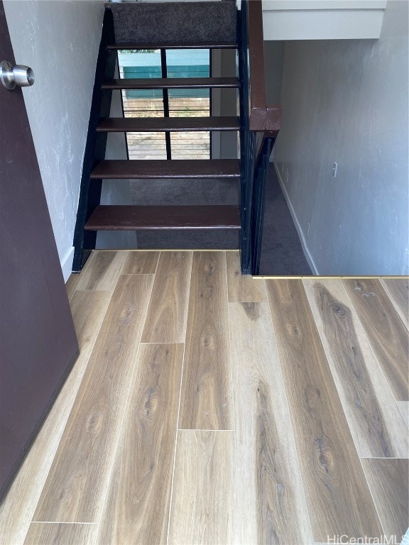 staircase with wood-type flooring