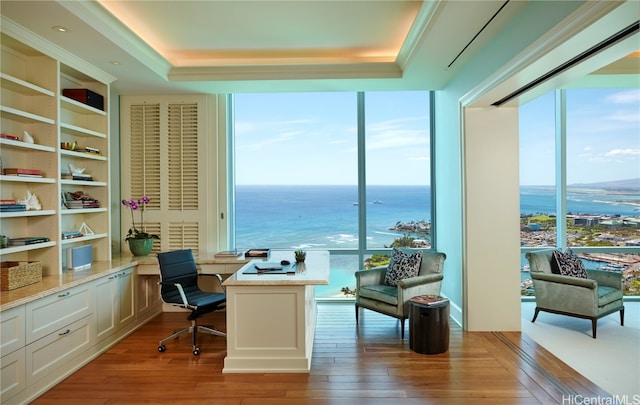 office area with a wealth of natural light, a water view, and wood-type flooring