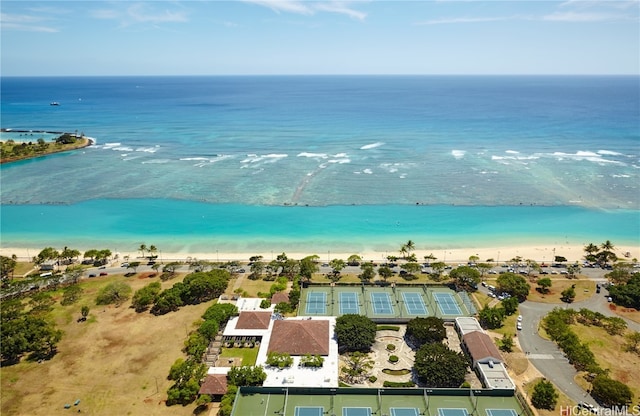 aerial view with a view of the beach and a water view