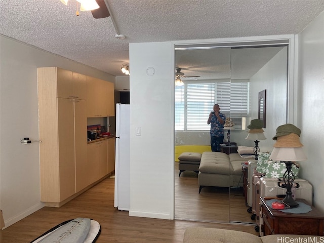 hall featuring a textured ceiling and light hardwood / wood-style flooring