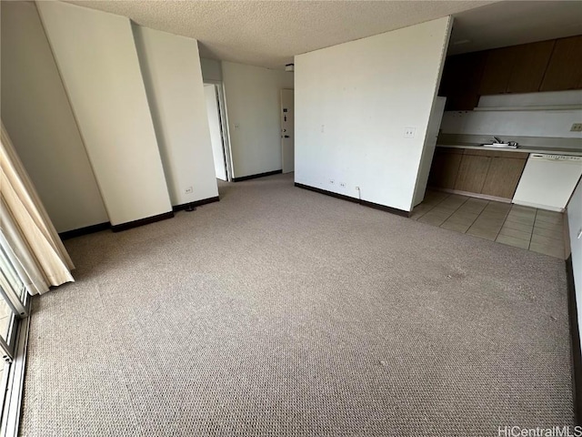 interior space featuring sink, a textured ceiling, and light carpet