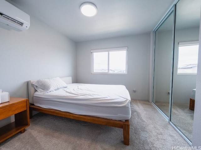 carpeted bedroom featuring a wall unit AC and multiple windows