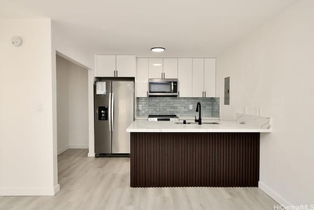 kitchen featuring kitchen peninsula, appliances with stainless steel finishes, sink, white cabinets, and light hardwood / wood-style floors