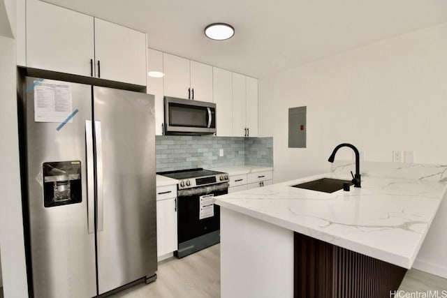 kitchen featuring kitchen peninsula, appliances with stainless steel finishes, sink, light hardwood / wood-style floors, and white cabinetry