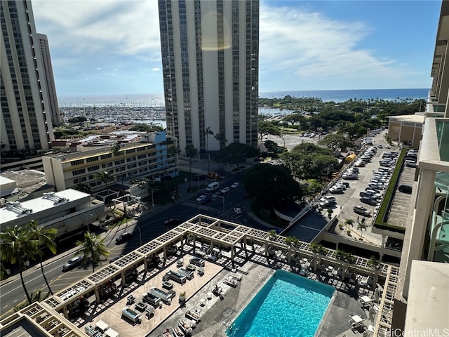 bird's eye view with a water view