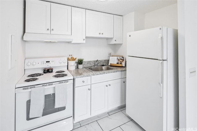 kitchen with white cabinets, a textured ceiling, white appliances, and sink