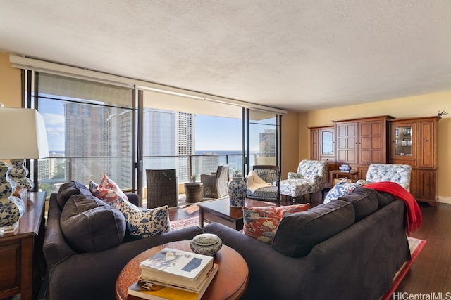 living room with a textured ceiling, expansive windows, a water view, and dark hardwood / wood-style floors