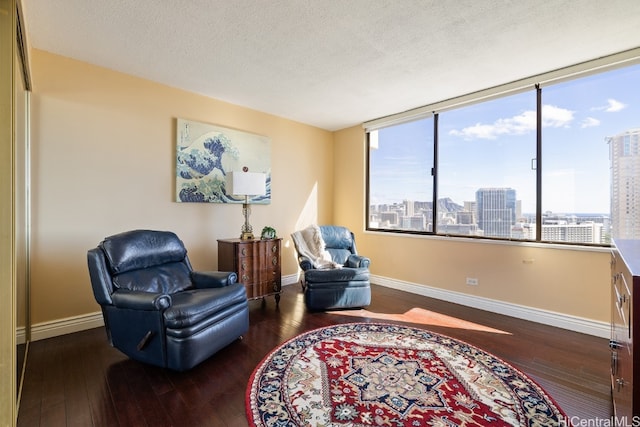 living area featuring a textured ceiling, dark hardwood / wood-style flooring, and a wealth of natural light