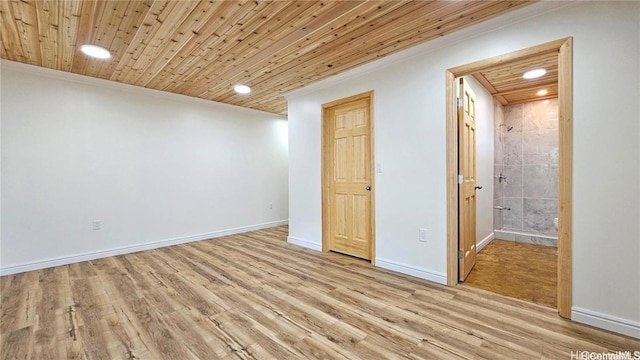 unfurnished room featuring baseboards, recessed lighting, wood ceiling, crown molding, and light wood-type flooring