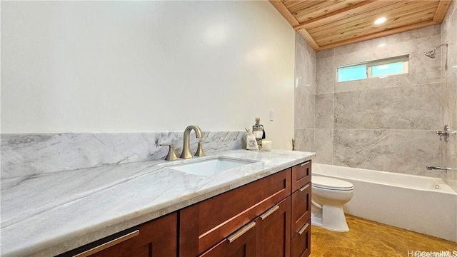 bathroom featuring toilet, shower / washtub combination, wooden ceiling, and vanity