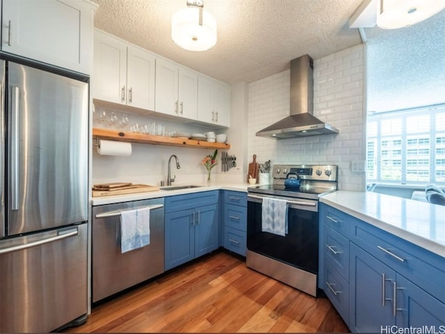 kitchen with sink, wall chimney exhaust hood, dark hardwood / wood-style floors, appliances with stainless steel finishes, and white cabinetry