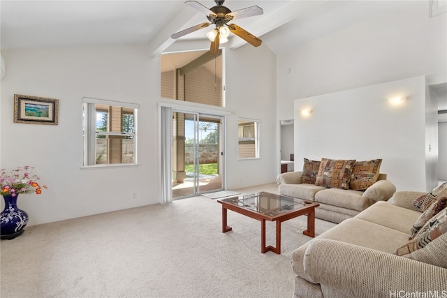 living room with carpet, high vaulted ceiling, ceiling fan, and beamed ceiling