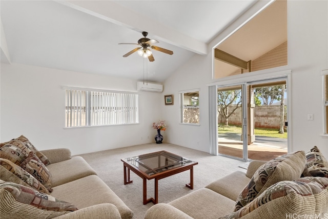 living room featuring a healthy amount of sunlight, light carpet, and a wall unit AC