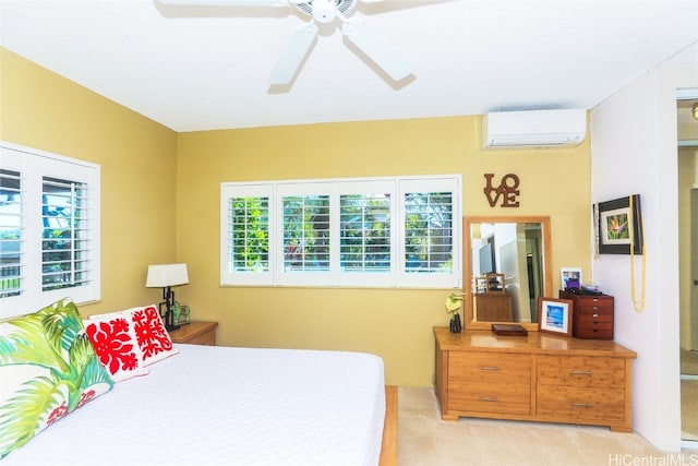 bedroom featuring an AC wall unit, ceiling fan, and light colored carpet