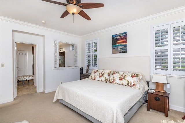 bedroom featuring ceiling fan, light colored carpet, and ornamental molding