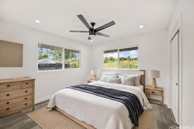 bedroom with wood-type flooring, a closet, and ceiling fan