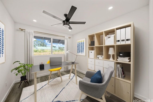 office featuring ceiling fan and dark wood-type flooring